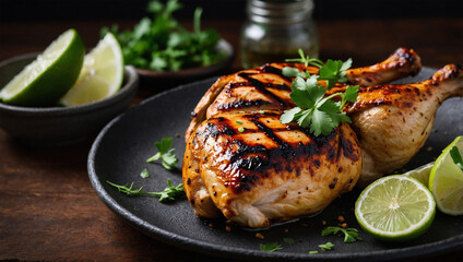 Grilled chicken breast with a smoky char, garnished with fresh herbs and served with a wedge of lime.