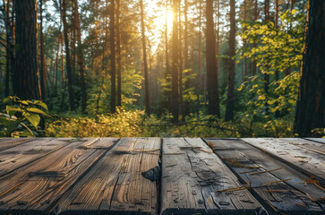 Aufkleber - Wooden table on forest background. Generative AI.