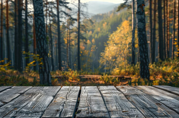 Aufkleber - Wooden table on forest background. Generative AI.