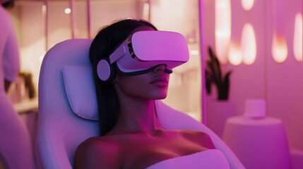 Poster - A woman wearing a virtual reality headset lounges in a stylish spa environment, surrounded by soft lighting and contemporary decor, enjoying a moment of immersive relaxation.