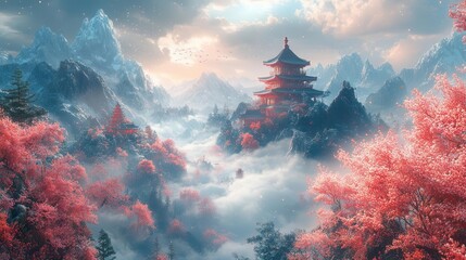 ethereal chinese fantasy landscape with misty mountains cherry blossoms and a floating palace among clouds