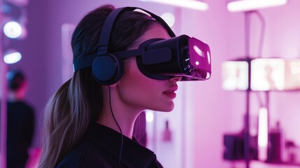 Poster - A woman wearing virtual reality goggles and headphones engages with immersive technology in a brightly lit, neon environment.