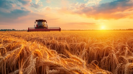 Sticker - Harvesting wheat at sunset in a golden field with a combine harvester in action