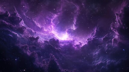 Wall Mural - A panoramic view showing a star-filled cosmos in a purple nebula with clouds,