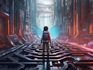 Poster - Little boy exploring a maze in a fantasy world