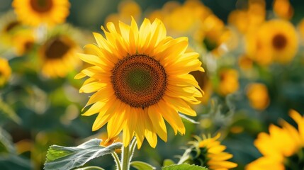 Sticker - A close-up of a sunflower field, with the bright yellow blooms reaching towards the summer sun