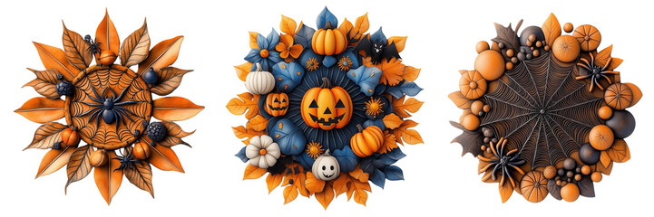 Colorful autumn wreaths with pumpkins, spiders, and floral elements, perfect for Halloween and fall decorations.