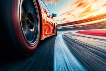 Canvas Print - A race car zooming down a track, frozen in time with the background stretching out in a motion blur. 