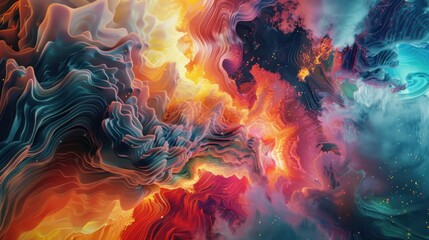 Poster - A digital screen displaying an AI creating an abstract, colorful landscape, with swirling patterns and vibrant hues