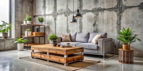 Industrial chic modern coffee table arrangement with reclaimed wooden crates metal pipes minimalist decor sparse greenery exposed concrete wall edgy urban atmosphere