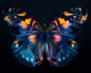 Wall Mural - Mesmerizing Neon Butterfly Wings in Vibrant Abstract Pattern on Black Background