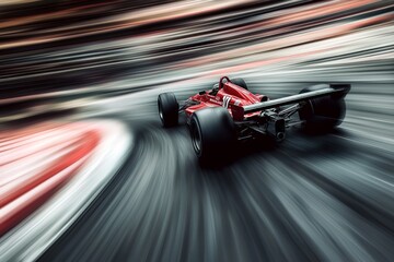 Canvas Print - A race car zooming down a track, frozen in time with the background stretching out in a motion blur. 