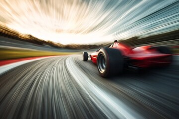 Canvas Print - A race car zooming down a track, frozen in time with the background stretching out in a motion blur. 