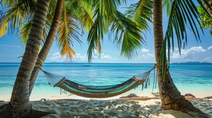 A hammock strung between two palm trees on a tropical beach, with the ocean stretching out to the horizon