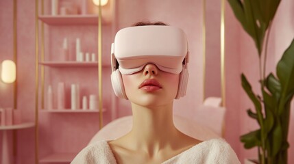 Poster - A woman experiences virtual reality while seated in a modern pink-themed room filled with plants and decorative items.