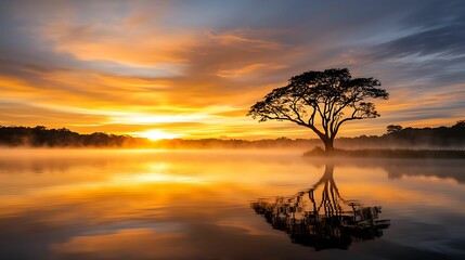 Wall Mural - golden sunrise over a tranquil lake, soft mist rising, spiritual energy in the air, warm light filte