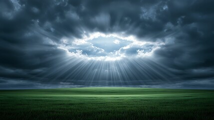 Wall Mural - sunbeams piercing through ethereal clouds, creating a radiant halo, peaceful meadow below, spiritual