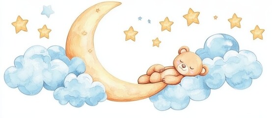 Wall Mural - A watercolor hand drawn teddy bear sleeps on a crescent moon.