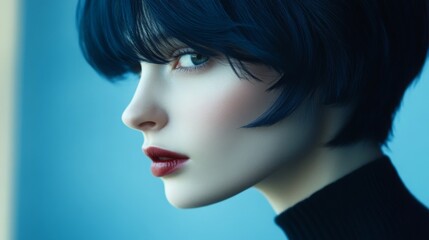 Poster - A woman with sleek blue hair and pronounced features stands in profile, showcasing her bold lip color and serene expression against a soft blue backdrop.