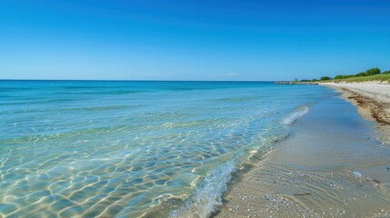 Poster - A pristine beach with clear, shallow water gently lapping against the shore, under a cloudless summer sky