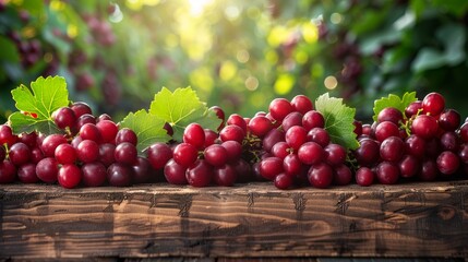 Wall Mural - Red grapes on wooden table in lush vineyard setting