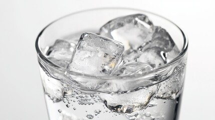 elegant close-up of clear ice cubes in a glass with water, positioned against a white background to 