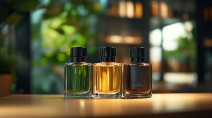 Aufkleber - Three distinct perfume bottles in green, amber, and brown sit neatly on a wooden surface, surrounded by a vibrant indoor garden and natural light.