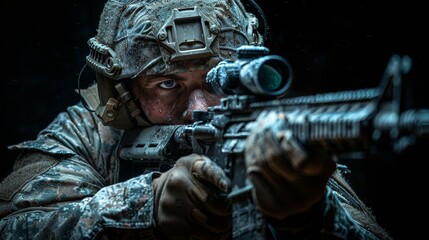 Special forces soldier aiming rifle in tactical gear in dark setting