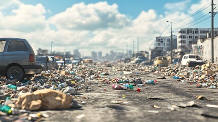 Wall Mural - 50. Detailed 3D render of an urban environment with trash and waste affecting public health and sanitation, set against a clean backdrop