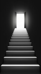 Poster - Stairs ascend toward an open doorway flooded with bright light, contrasting sharply with the surrounding darkness, evoking feelings of hope and possibility