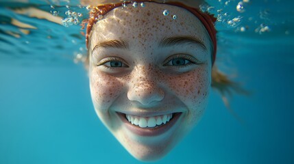 It's a stock photo of a young female sport athlete who is smiling and having a good time swimming in the pool.