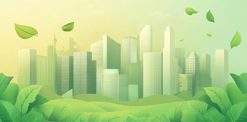 Wall Mural - Abstract smart city background with buildings, technology, and nature elements.