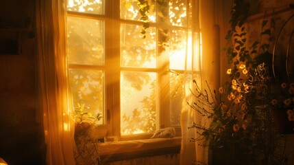 Golden hour light shining through a window, illuminating a cozy room with warm, soft light