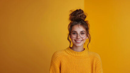 Wall Mural - Smiling woman in glasses with a yellow sweater against yellow background