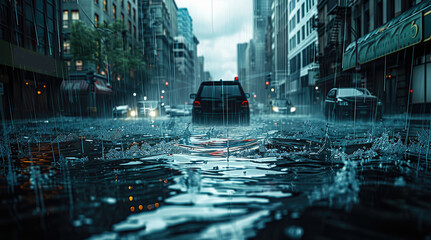 Wall Mural - Flooded urban streets after heavy rain, chaotic, dark. Generative AI.