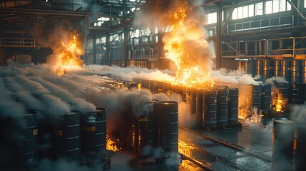 Poster - Indoor battery factory with rows of batteries and a storage site, one of them on fire, smoke billowing from the point of origin. Generative AI.