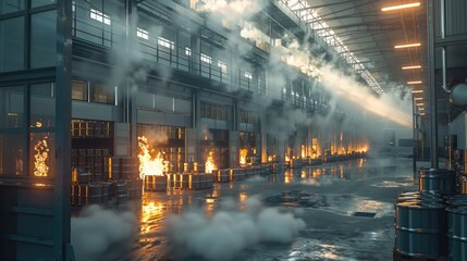 Poster - Indoor battery factory with rows of batteries and a storage site, one of them on fire, smoke billowing from the point of origin. Generative AI.