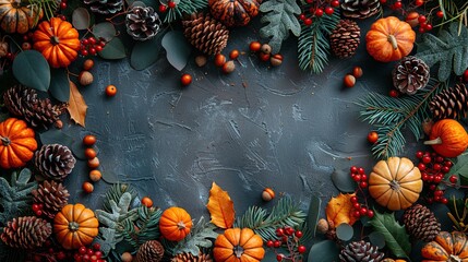 Wall Mural - Autumnal Arrangement with Pumpkins, Pine Cones, and Berries