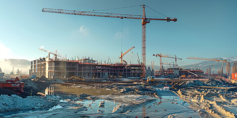 Poster - A construction site, crane, showing the construction of a new university campus. Generative AI.