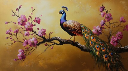 Wall Mural - Vintage illustration of flowers, leaves, branches, peacocks, gold. Wallpaper, posters, cards, murals, prints.