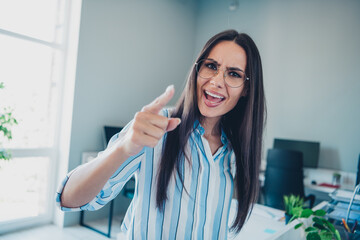 Sticker - Photo of smart chief female point you angry scolding wear striped formalwear comfortable modern office interior indoors workspace