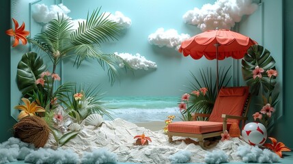 Wall Mural - Beach Paradise with Red Umbrella and Lounger