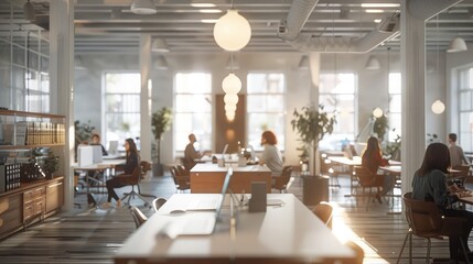 Canvas Print - A wide shot of a modern office with a focus on the people working at their desks. The people are all engaged in their work, showcasing the collaborative atmosphere of the workspace. Generative AI.