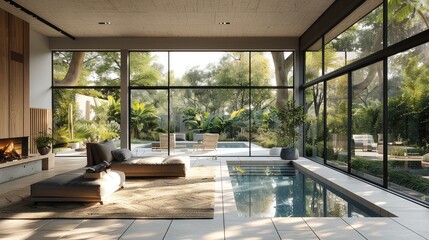Aufkleber - A ground-level living room in a house, The living room have wide windows with black aluminum frames, offering views of a large pool and a simple garden with grass and a few plants. Generative AI.