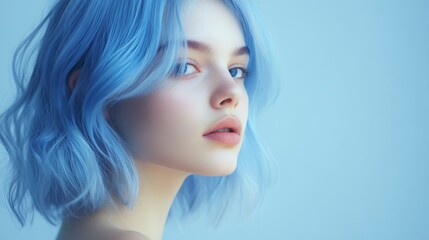 Wall Mural - A person with wavy blue hair gazes thoughtfully toward the camera, set against a soft light blue backdrop.