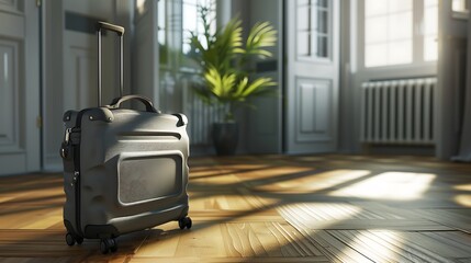 Wall Mural - In the room a gray luggage is lying on the hardwood floor