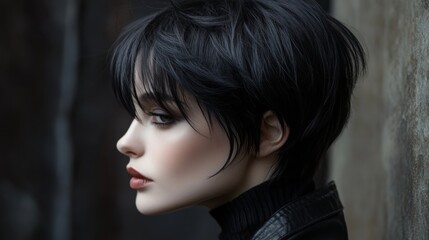 Poster - A young woman with a stylish short haircut poses elegantly in front of a textured wall, showcasing her striking features in soft, natural light.