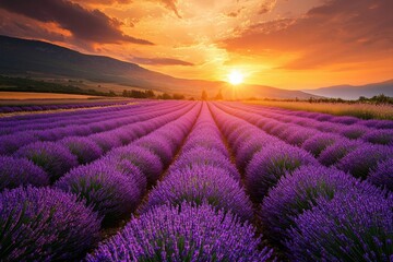 Wall Mural - A vast lavender field in full bloom under a golden sunset, the purple flowers contrasting with the orange and pink sky.