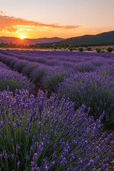 Wall Mural - A vast lavender field in full bloom under a golden sunset, the purple flowers contrasting with the orange and pink sky.