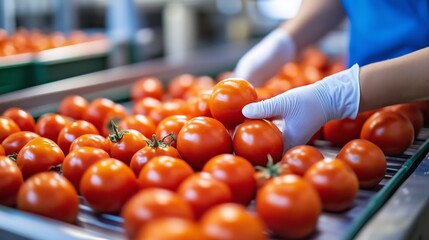 worker inspecting and sorting ripe tomatoes in a produce processing facility